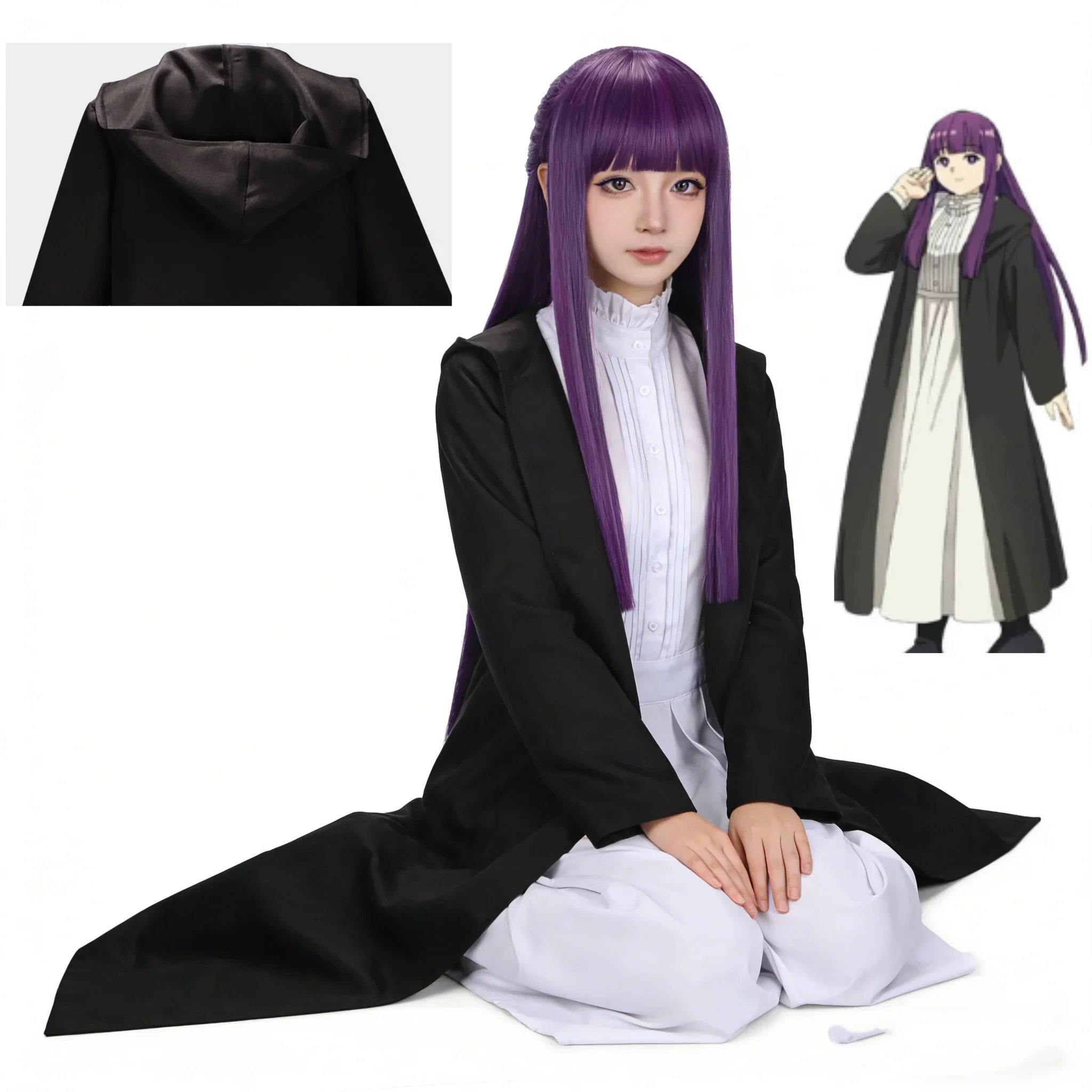 2026 Frieren Fern Cosplay Costume Purple Wig White Long Dress Black Coat Jacket Full Set Uniform Halloween Comic Con Outfits view 3