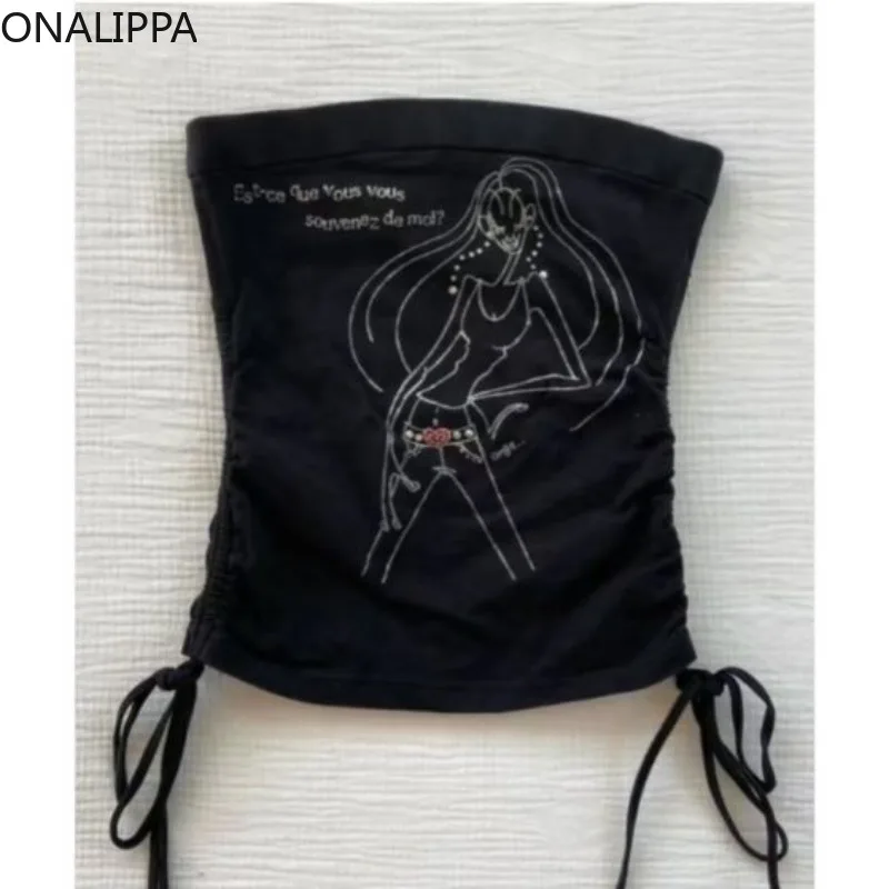 

Onalippa Y2k Fashionable Spicy Girl Short Wrinkle Strap Strapless 2025 Summer Women Waist Shrinking American Vintage Printed Top
