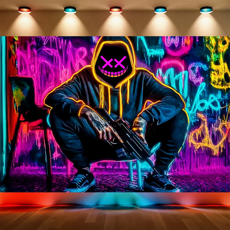 วิคามา สตรีท ทรেนดี้ ทาเพสทรี นีออน กราฟฟิตี้ สไมลี่ ชูเตอร์ ห้องนั่งเล่นทันสมัย ตกแต่งผนังห้องแบบส่วนตัว