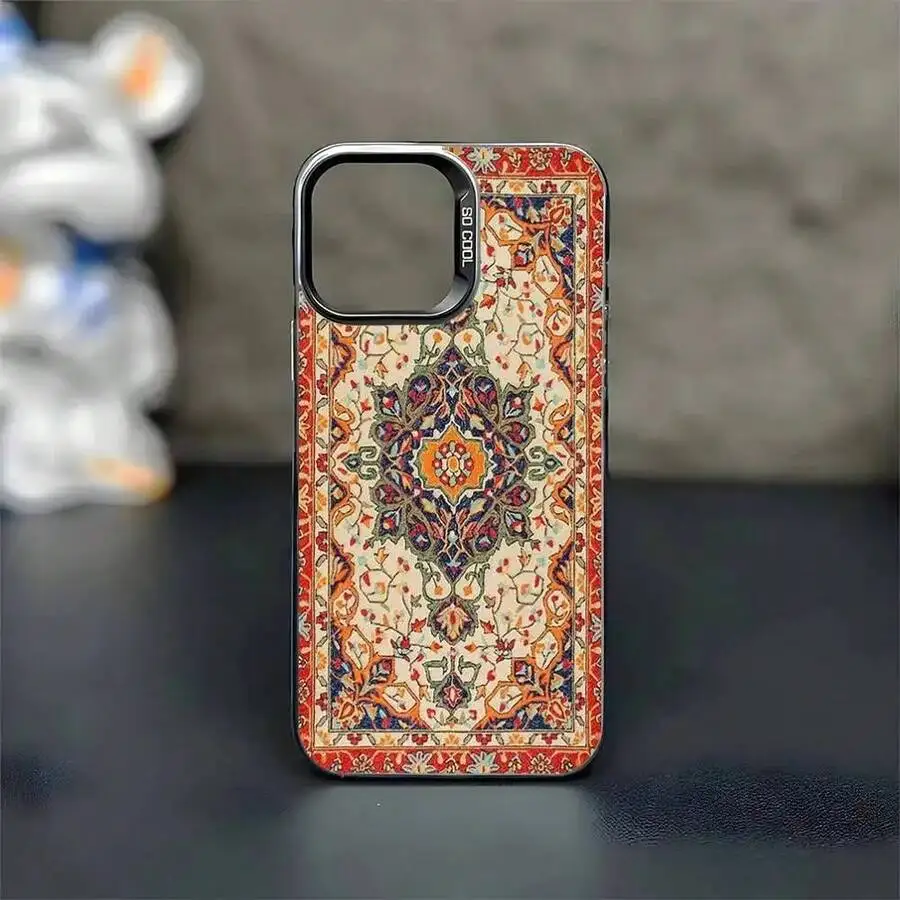 

Persian Carpet Floral Pattern Phone Case For iPhone 16 15 14 13 12 11 Pro Max Mini Shockproof Black Matte Cover