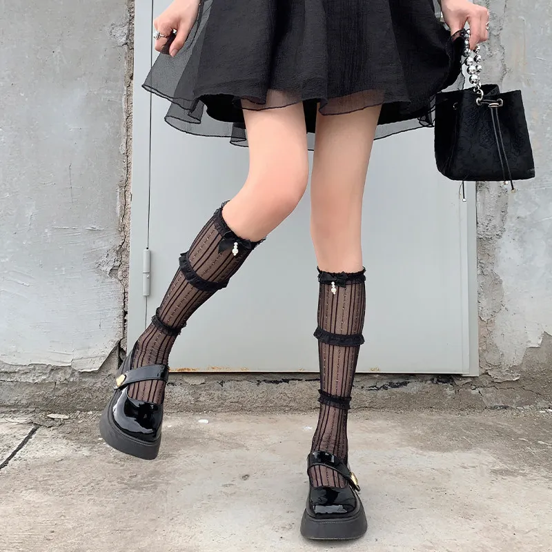 Big Girls Sheer Mesh Striped Knee Socks, Teen Kids Frilled Lace Decorated Bow Pearl, Sweet Lolita Princess Daily Dress Hosiery