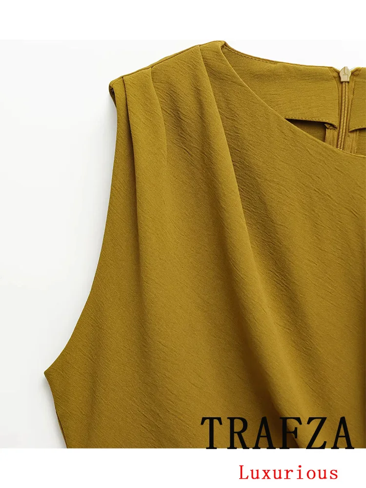 TRAFZA ヴィンテージカジュアルシックな女性キャミドレス固体 O ネックジッパーひだノースリーブロング Vestidos ファッション 2025 春プリーツドレス