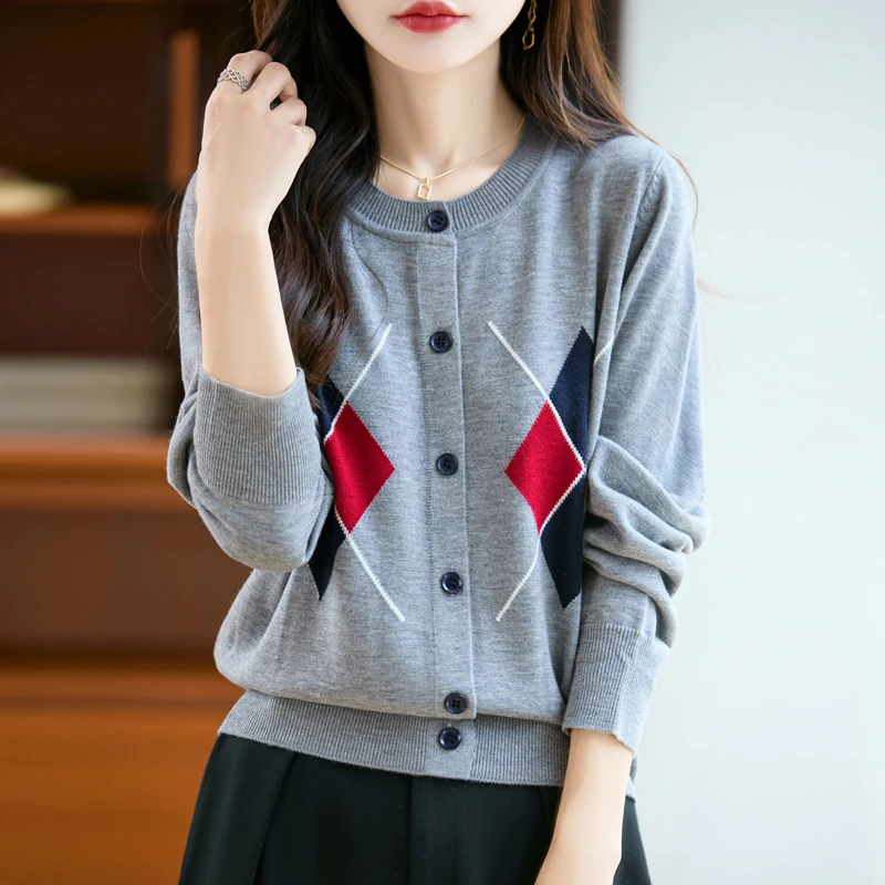 

Yoyoselect женский кардиган из 100% мериносовой шерсти, свитер на пуговицах с ромбовидным сетчатым узором, круглым вырезом, одежда из чистой шерсти, осенне-зимние топы