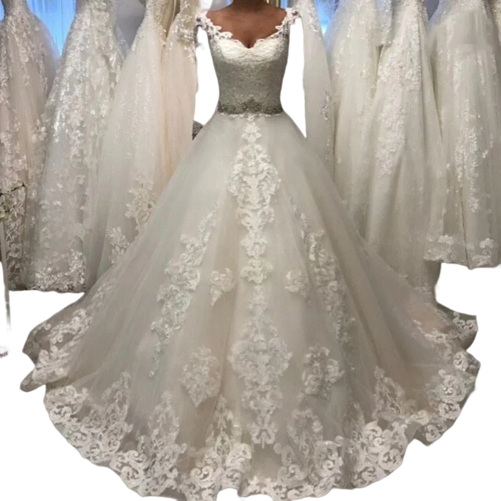 Customized Charming V Neck Lace Appliques Vestidos Novias Boda Ballgown Wedding Dresses Backless 3/4 Sleeves Bridal Gowns