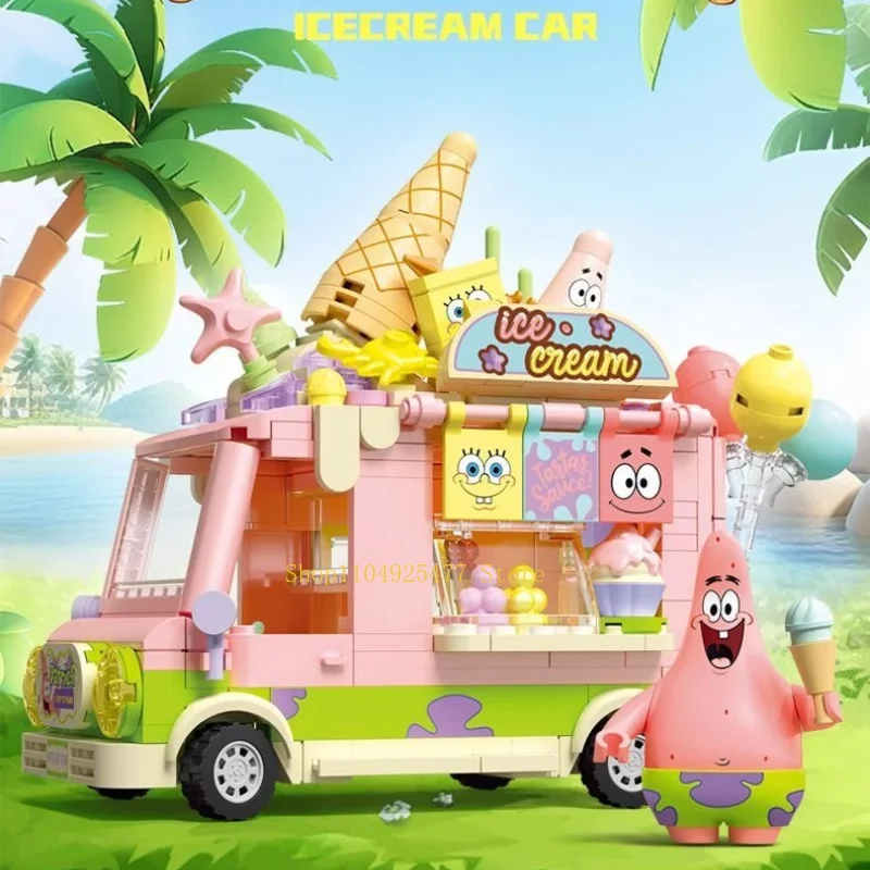 SEMBO SpongeBob Building Blocks SquarePants Series Hamburger Car Patrick Star Dessert Ice Cream Car Model Bricks DIY Girl Toys