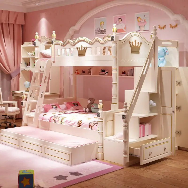 Children's bunk bed, double layered bed, girl's princess bed, solid wood high and low  top and bottom bunk, internet famous