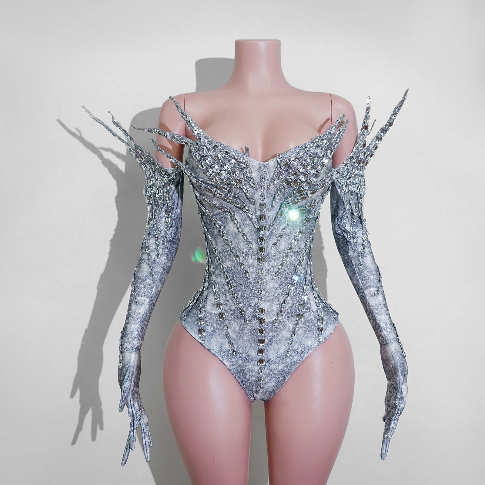 Blue Rhinestone Bodysuit Women Sexy High Neck Long Sleeve Two Piece Set Stage Performance Singer Dancer Show Nigh Drag Queen DJ