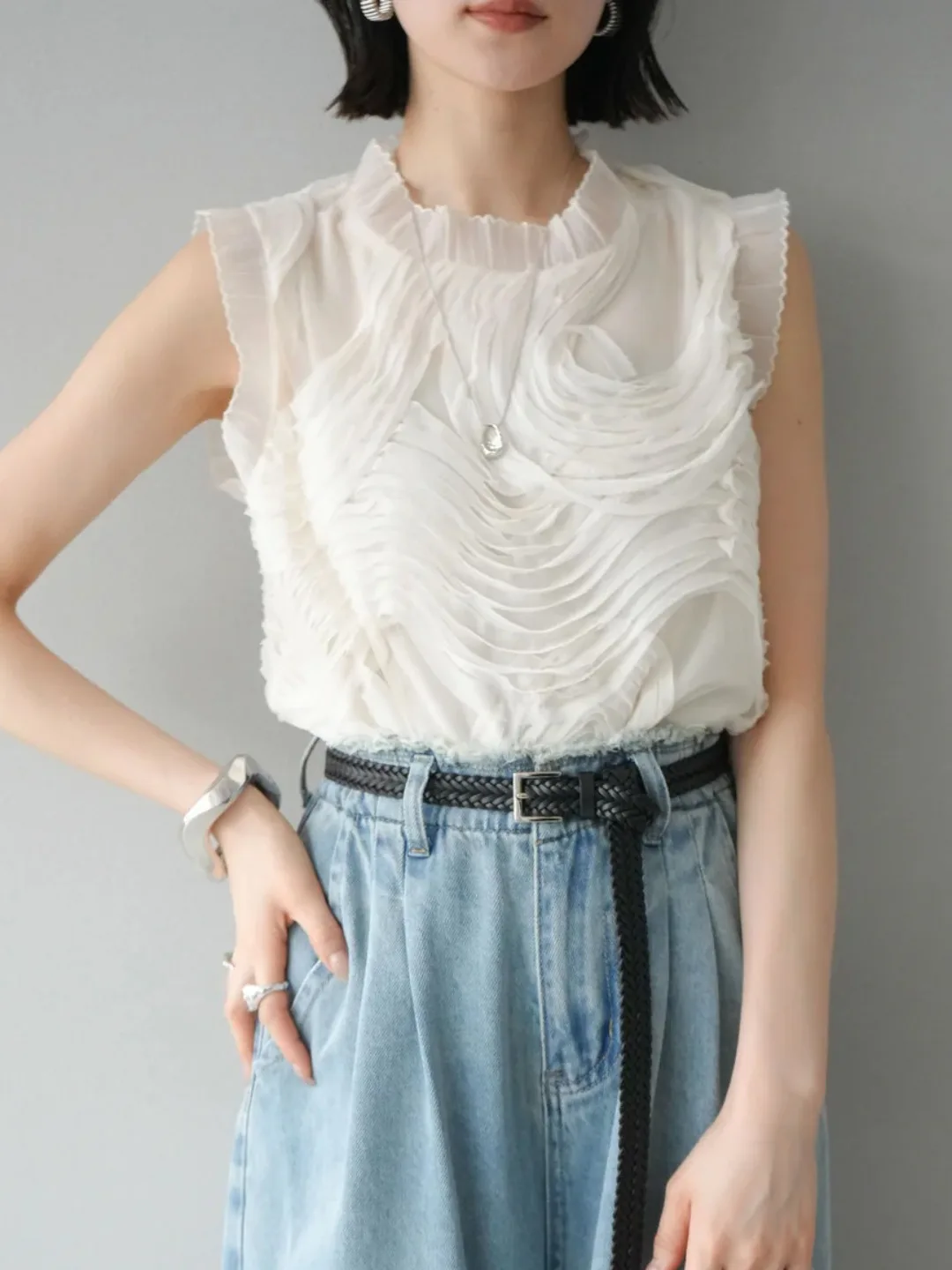 Heavy-Worked Hand-Painted Floral Vest Shirt Women's Fashion High-End Lace Loose Sleeveless Top Original Design round Neck