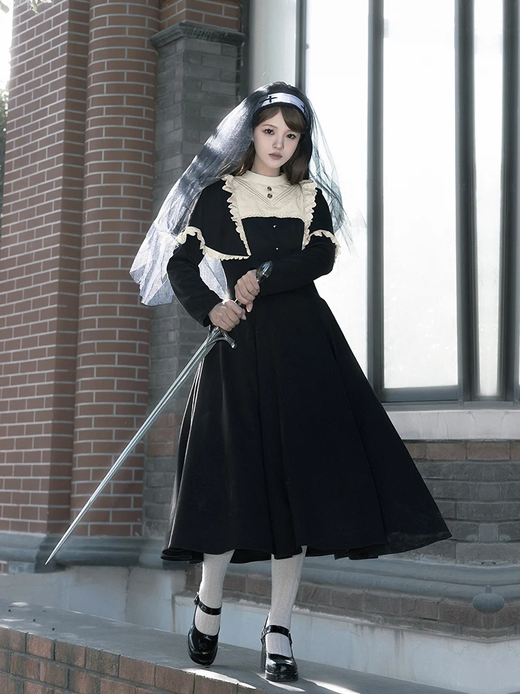 Gothic Style Nun Fake Two-Piece Large Swing Skirt Spring Lolita Dress