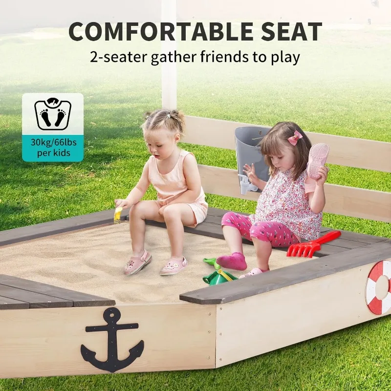 Sandbox with Cover Wooden Sandbox with Storage Bench Seat Sink Outdoor SandBox for Backyard Garden Sand Boxes Sandpit Light Wood