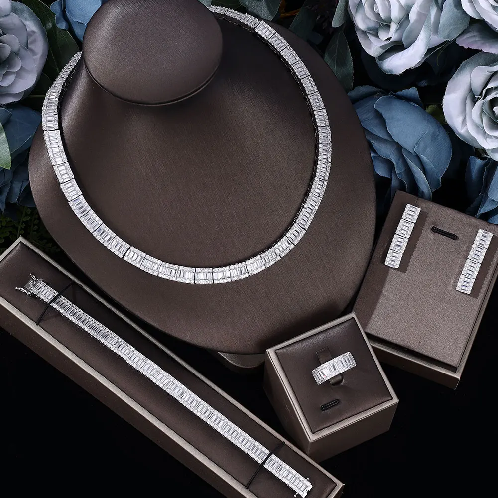 

HIBRIDE Simple Everyday High Quality 4 Piece Necklace Earring Bracelet Set for Dubai Ball Wedding Party Holiday Gift S-987