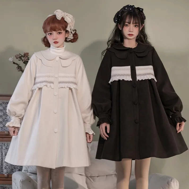 Winter Thickened Warm Wool Coat Doll Neck Bow Lolita Coat Women Cute Coat Black Beige