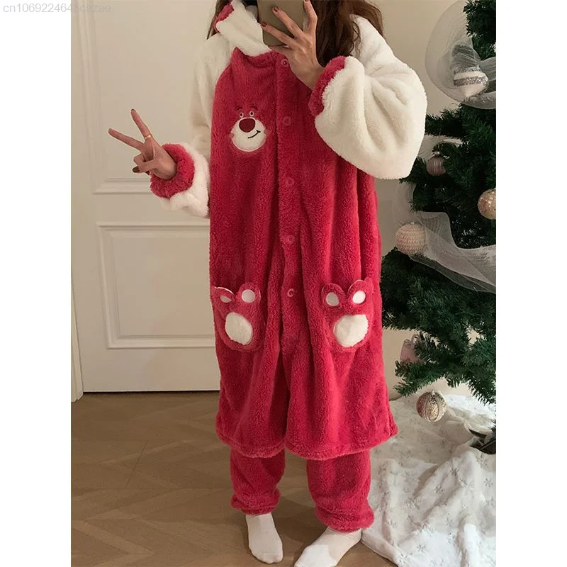 Disney Lotso Bear Cute Plush Bath Robes Hooded Trousers 2 Piece Set Women Soft Coral Fleece Nightgown Suit Y2k Sweet Nightdress