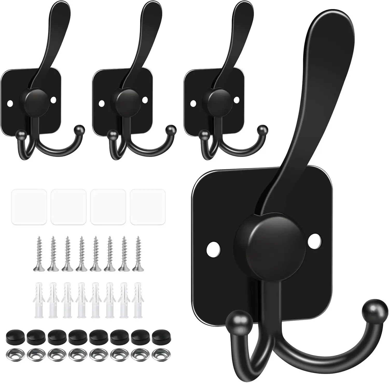 

3 Prong Coat Hooks Wall Mount, Self-Adhesive or Screw, Heavy Duty 40 lbs, Black 4 Pack
