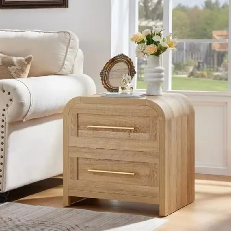 Curved 22‘’ Night Stand with Charging Station and 2 Drawers | Modern Nightstand with Metal Handle, Mid Century Side End