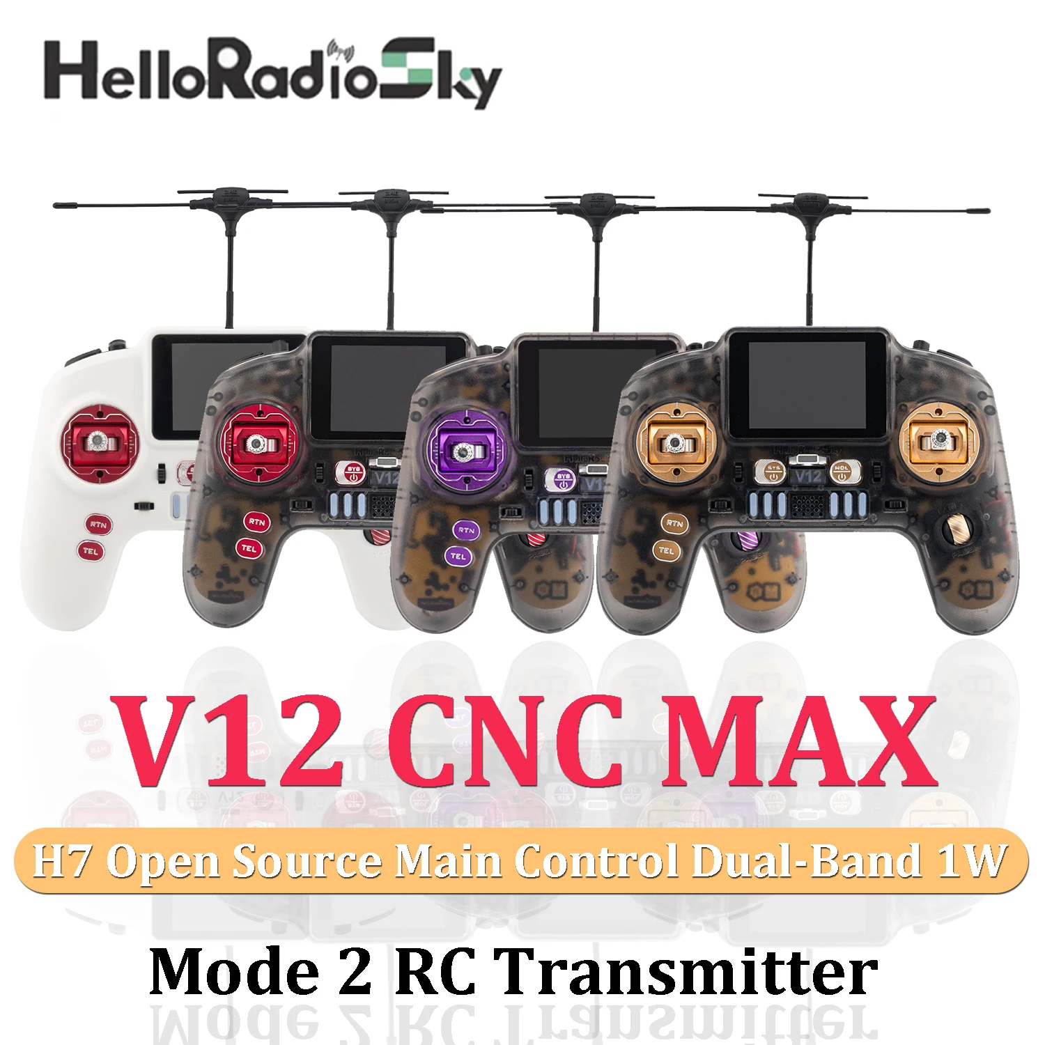 HelloRadio V12 CNC MAX RC Transmitter 2.4 inch Color Screen H7 Open Source Main Control Dual-Band 1W EdgeTX for RC FPV Drone