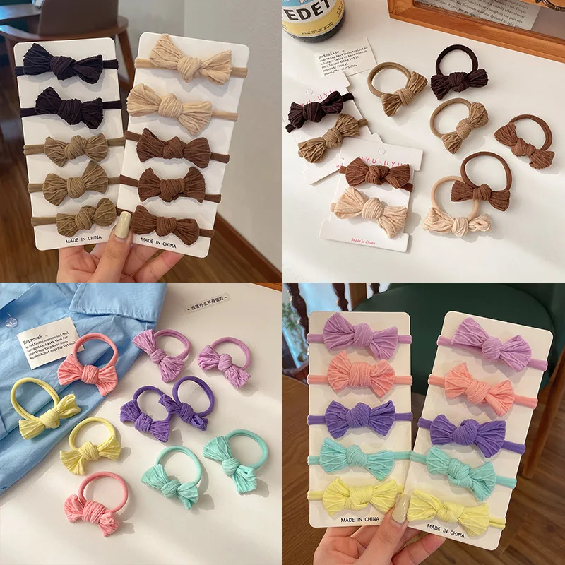 10pcs Hair Accessories Band Bandeau Cheveux Scrunchies Tiara For Girls Seamless Tie Small Ring Rubber Color Gradient Brown Bow