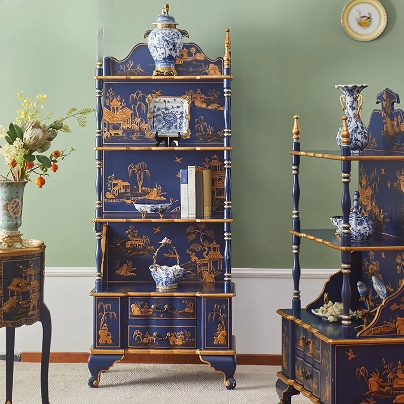 

French Chinese style bookshelf solid wood hand-painted display cabinet retro storage shelf classical luxury display shelf blue