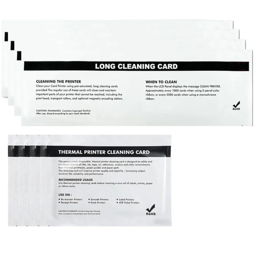 

Набор для чистки принтеров Zebra P110i, P120i, P110m (105912-912): 4 длинные (330 мм) + 4 короткие (156 мм) чистящие карты