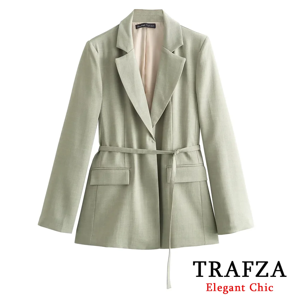 TRAFZA Casual Spaghetti Belt Blazer Women\'s Slim Waist British Overcoat New for 2024 Spring Autumn Version Medium Length Coat