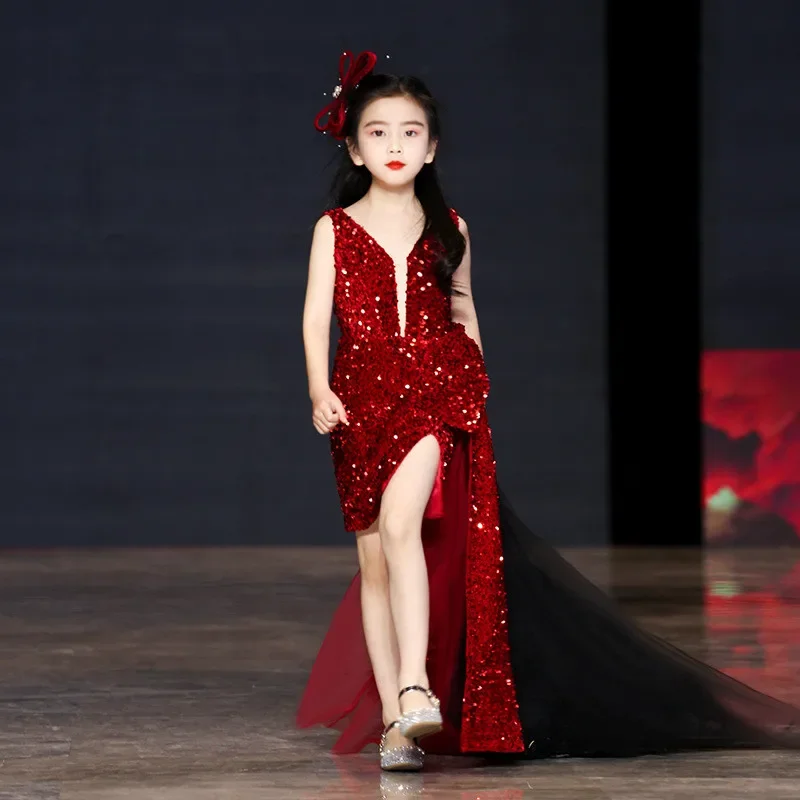 New Red Sequins High-End Children\'s Princess Evening Gown Fashion Sexy Kids Performance Wear Girls Wedding Birthday Party Dress