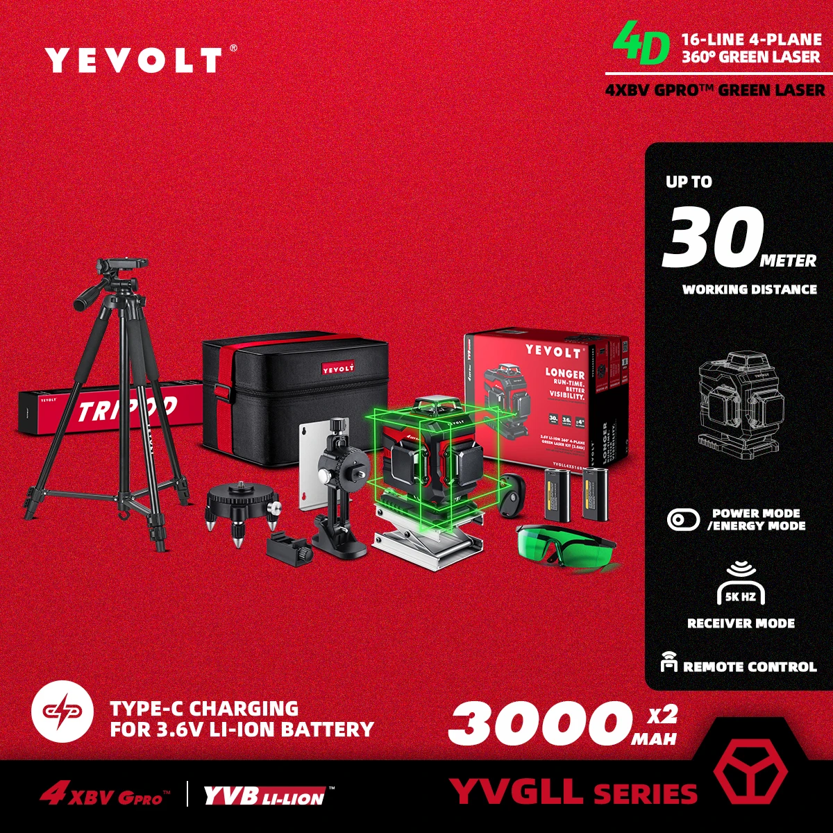 YEVOLT TP-YVGLL4XS16B2DP 16-Line 4D Green Light Beam Leveling Tool with 3.6V Lithium - Complete Set with Tripod, Base