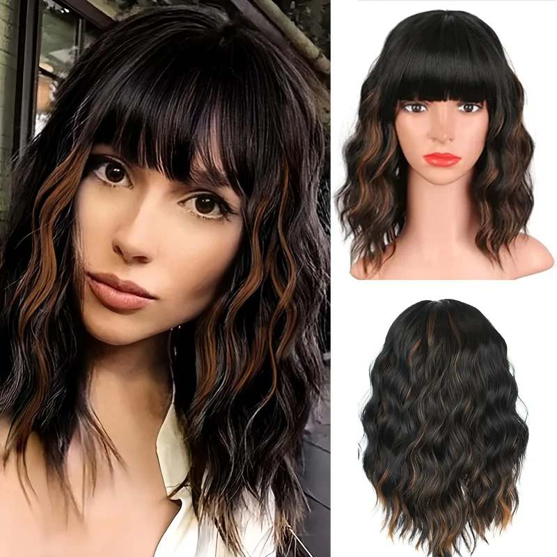 Women's Short Bobo Head Wig with Bangs - Heat Resistant Synthetic Curl/Wave Hair Wig, Suitable for Daily Style, Comfortable to W