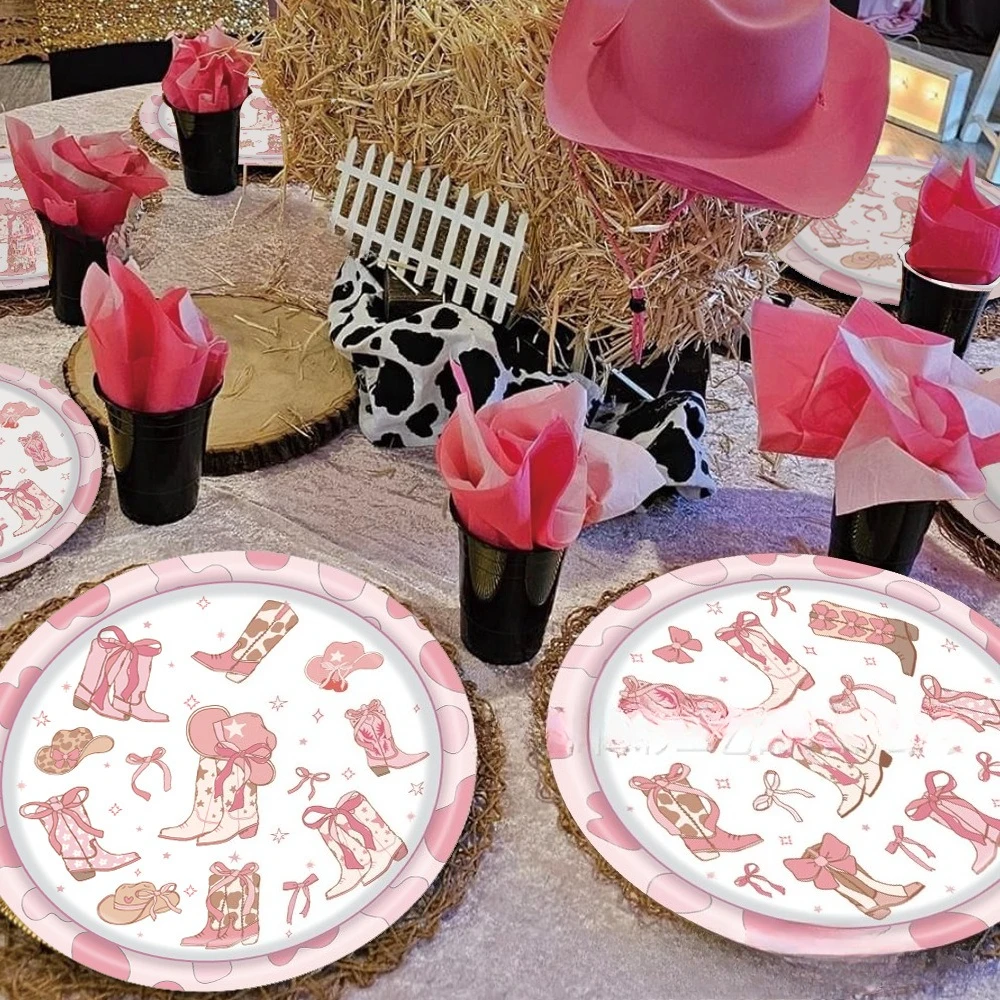 Rosa Cowgirl Prinzessin Geburtstagsdekoration Elegantes Einweg-Geschirr Teller Becher Ballons Babyparty Mädchen Partyzubehör – Detail 5