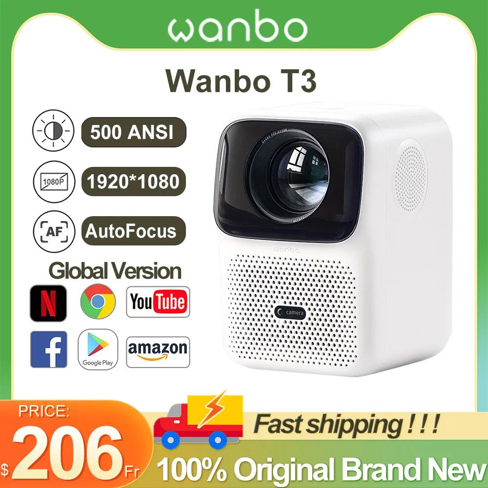 2023 New Wanbo T3 Global Smart Portable Projector 500ANSI Lumens AutoFocus/Correction Full HD 1080P HDR10+ Home Theater Beamer