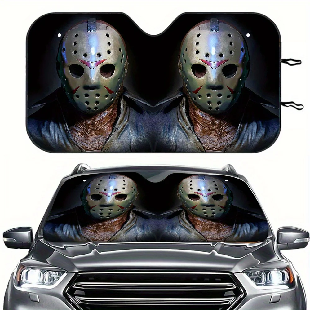 

1pc Jason Horror Movie Jason Mask Design RV/Car Sunshade - Extra Large 57.09x27.56 Inch Windshield Shade With UV Protection, Fol
