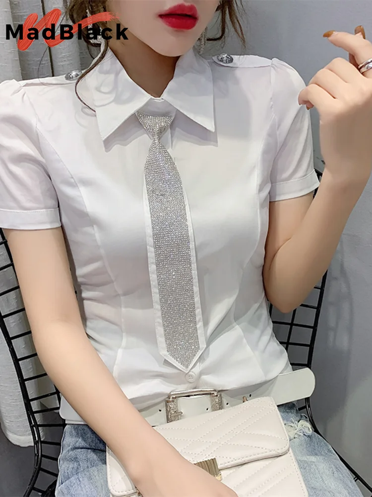 MadBlack Summer Diamonds Bowknot Tie Blouse Korean Clothes Women Button Cardigan Cotton Shirt Short Sleeve Workwear Tops T34787M