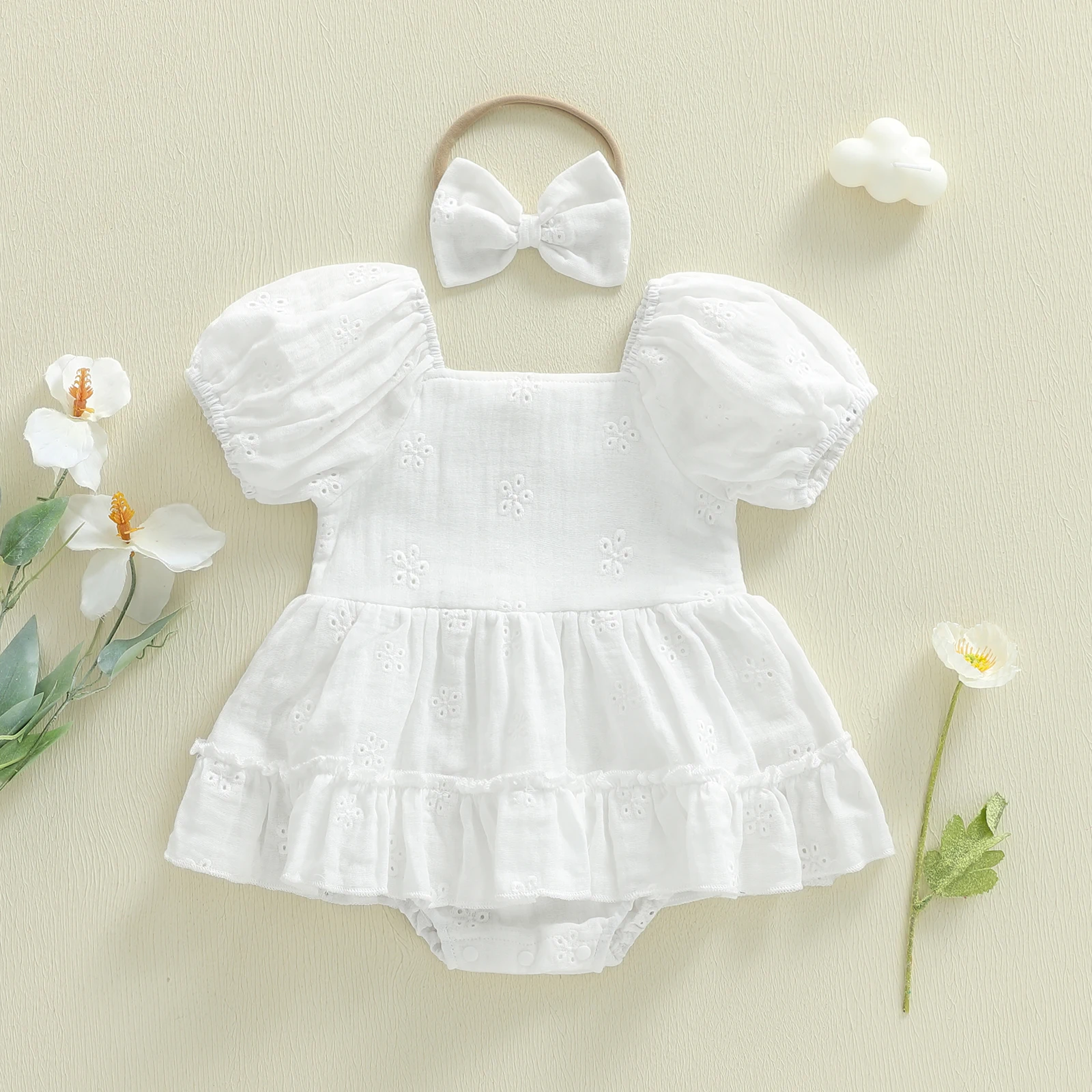 

Комбинезон без рукавов с цветочным принтом для маленьких девочек, комплект с подходящей повязкой на голову для летних прогулок и игровых знаков