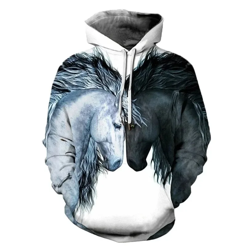 

2025 Black White Horse 3D Printed Hoodie Men's Fun and Cute Animal Pattern Hoodie Casual Sports Long Sleeve