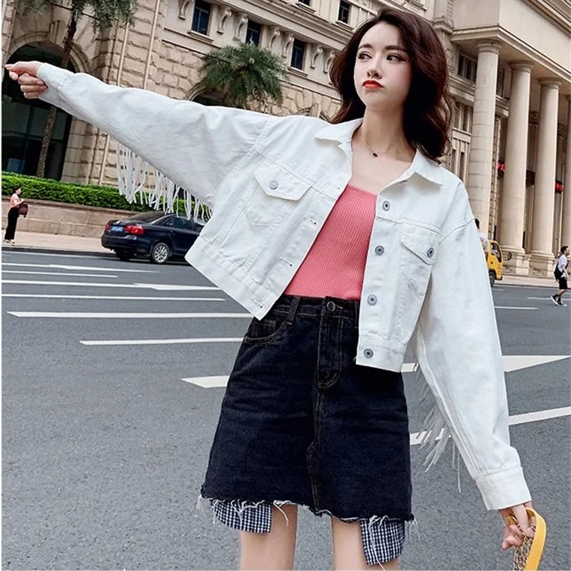 2023 New Streetwear Tassels Short Denim Jackets Women Spring Autumn White Jean Coat Lady Loose Outerwear Students Casual Tops