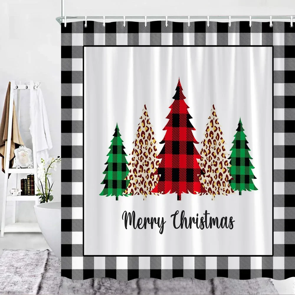 Farmhouse Christmas Shower Curtain Set Red Black Buffalo Checkered Border Xmas Tree New Year Decor Fabric Hook Bathroom Curtains