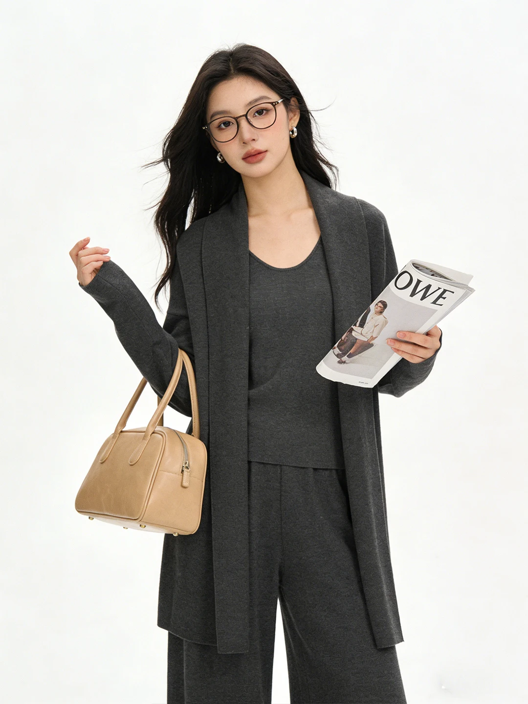 Elegant Casual Knitted Open Cardigan Long Sleeve Top And Wide Leg Pants Elastic Waist Spring Simple Women's Set Fashion Ensemble