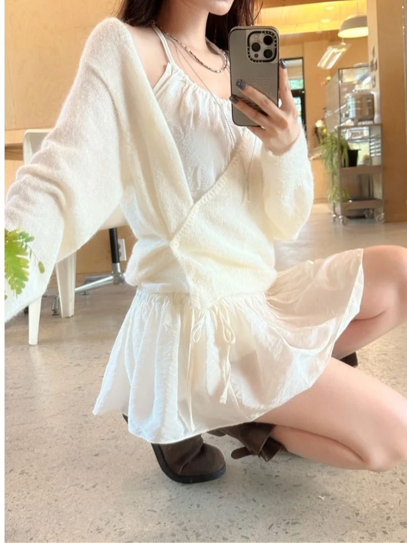

Korean Sle Soft Thin Long Sve Knitted Open Cardigan Women Fre Anti-Aging Design Exterior Waist-Closing Aosphere Top