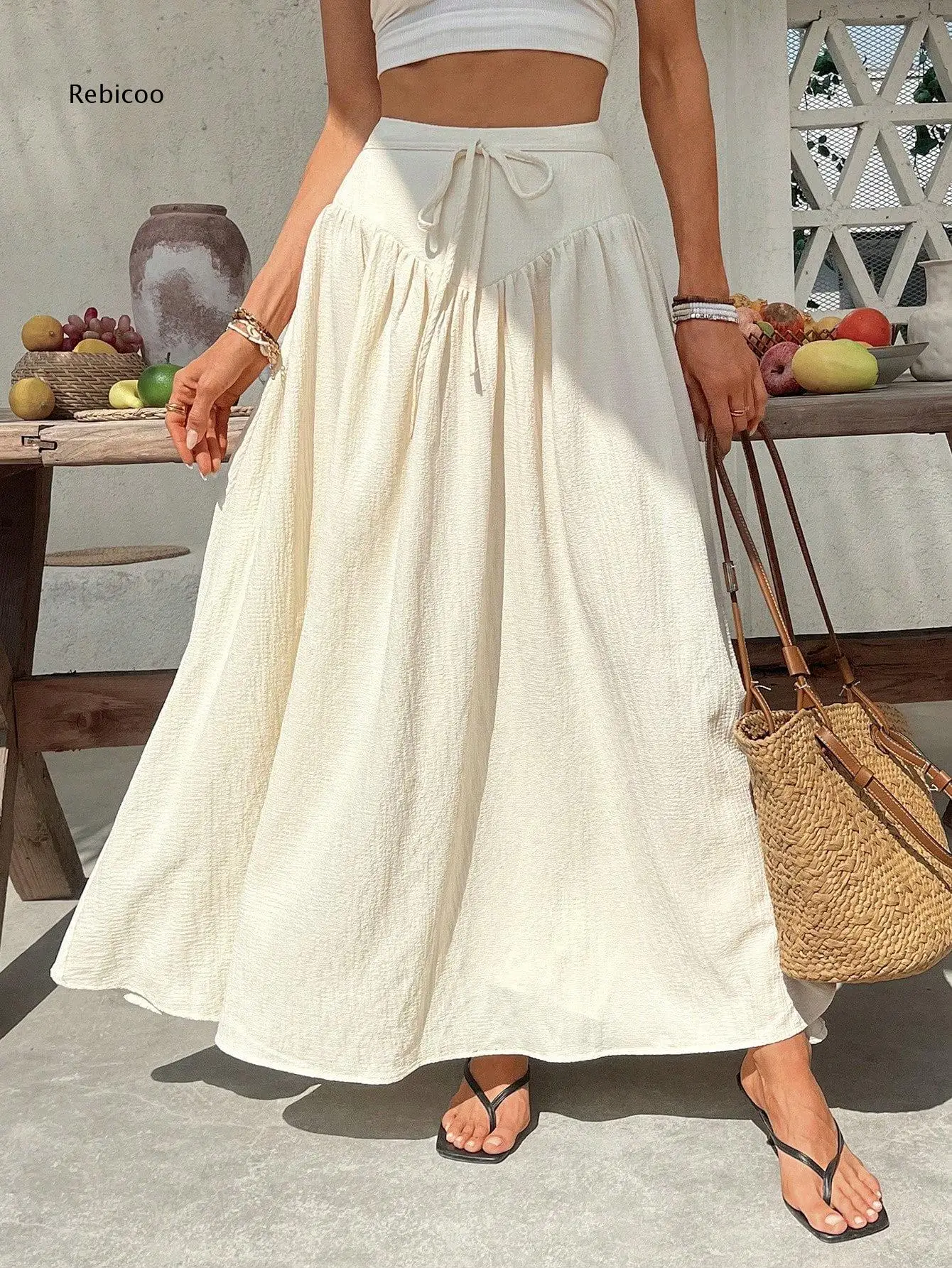 Ruched Flowy A Line Long Skirt For Women High Waist Drawstring Maxi Skirt With Side Slit For Various Summer Occasions