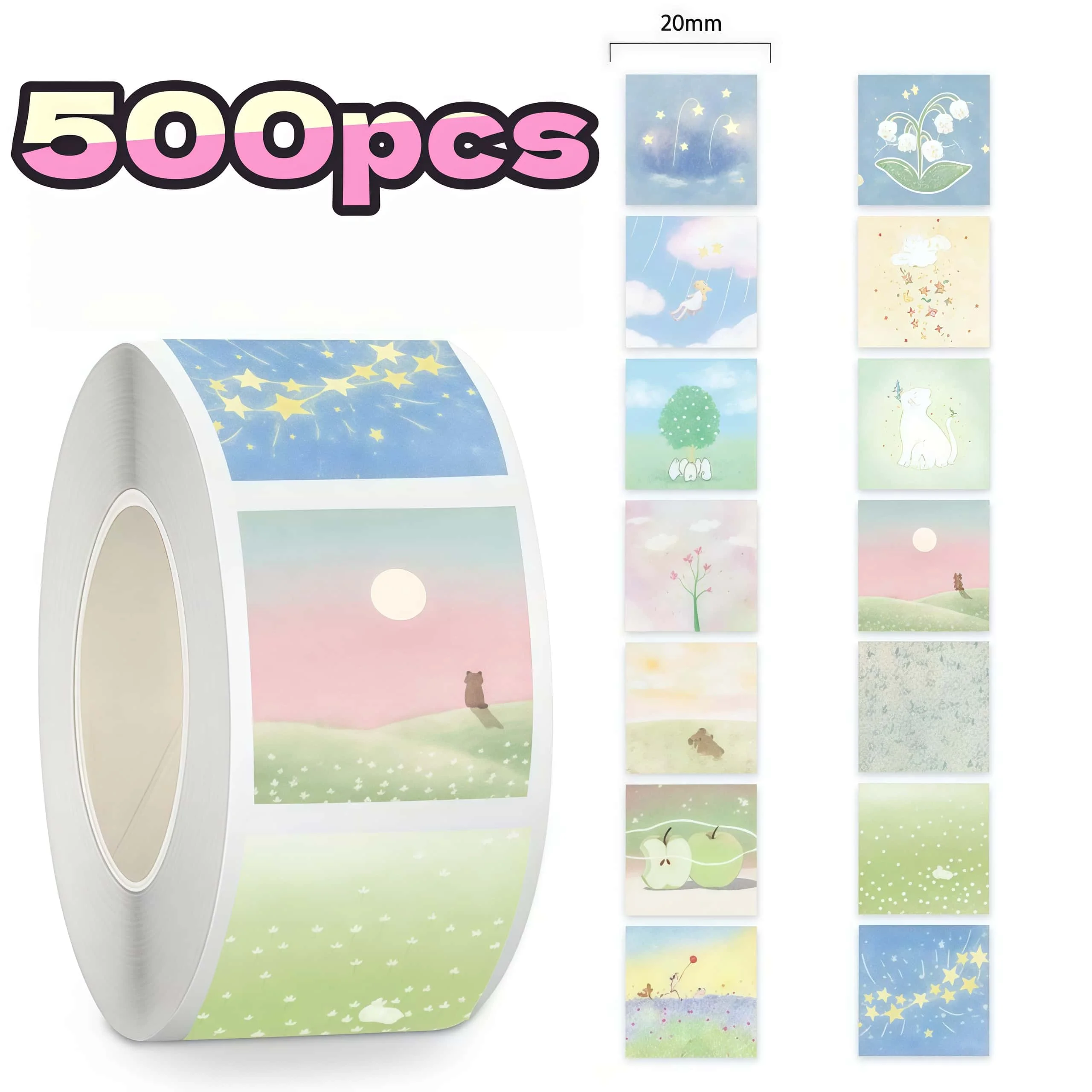 500Pcs Fresh Pastel Scenery Roll Stickers, Dreamy Nature Landscape Self-adhesive Labels for Journal Packaging DIY Decoration