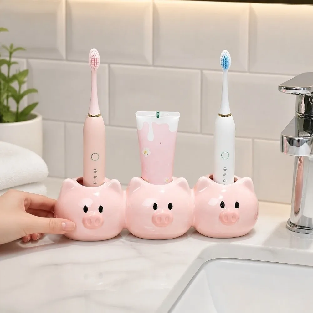 Ceramic Electric Toothbrush Holder Cartoon Piggy Design Toothpaste Toothbrush Base Decorative Space Saving Toothpaste Stand
