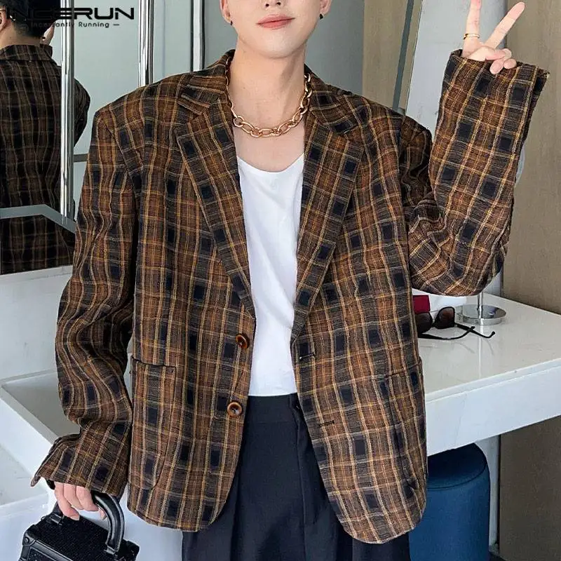 2024 INCERUN Korean Fashion Casual Blazer Long Sleeve Loose Coats Simple Pocket Bottun Lapel plaid Suits Autumn Streetwear S-5XL