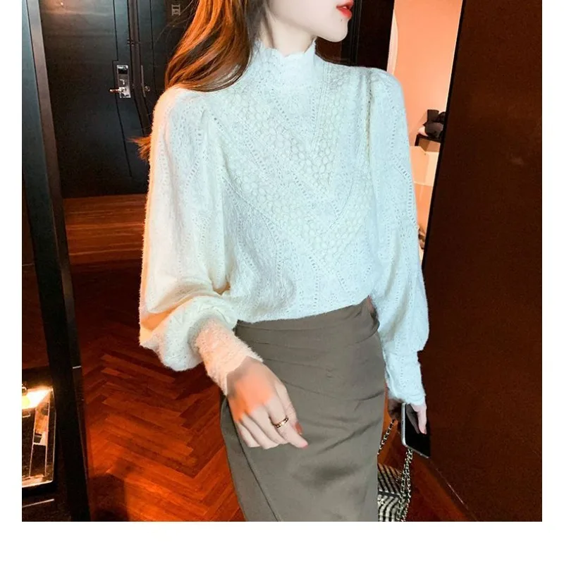 Women Blouse Women\'s Turtleneck Lace Lantern Sleeve Autumn Winter Korean Fashion  Top Bottoming Blusas Ropa De Mujer N28