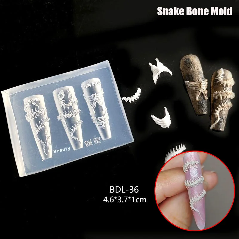 New 1PC 3D Snake Bone Mold Nail Art Decoration Accessories DIY Design Silicone Decorative Nail Art Templates Nails Mold