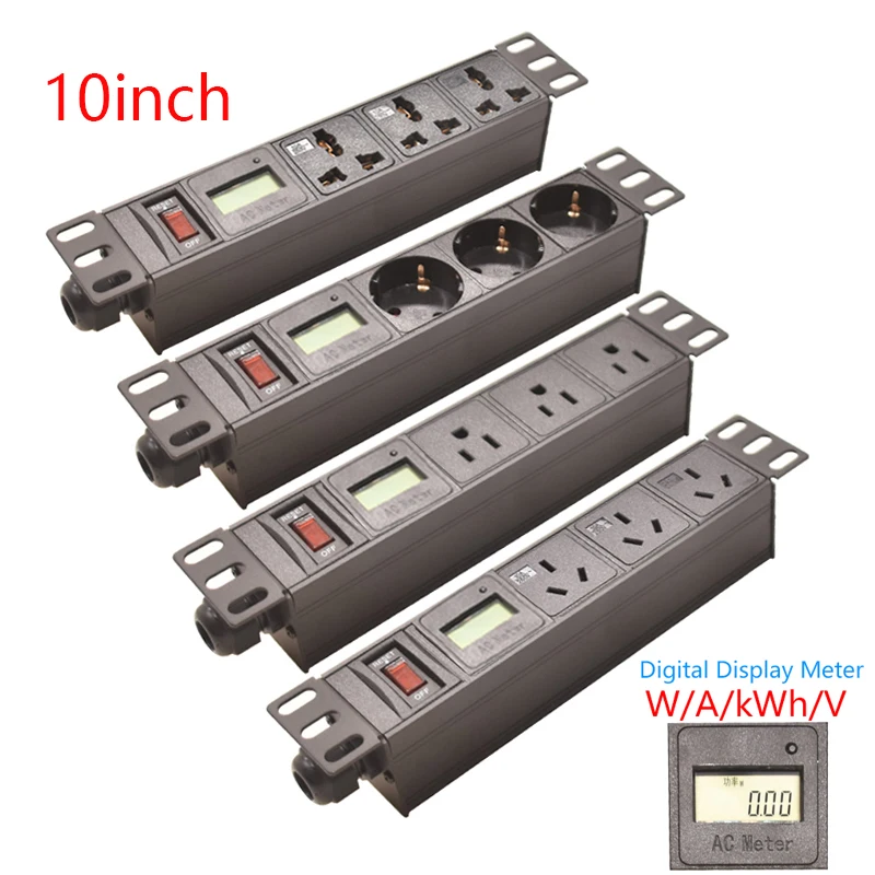 10inch Server Cabinet Mount PDU Power Strip with AC digital display meter W/A/kWh/V Universal Outlet Switch 2Meter Cord