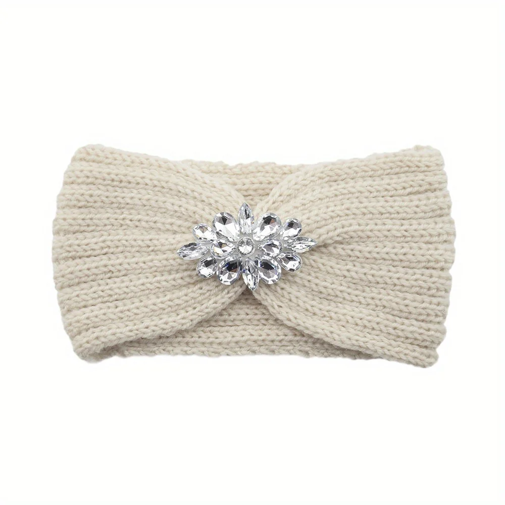 

Winter Wide Knitted Rhinestone Headband Women's Knit Hair Band Cross Twist Crochet Ear Warmer Fashionable Lady Accessory