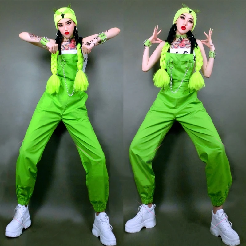 Hip Hop Costumes Women Fluorescent Green Overalls Jumpsuit Adults Street Dance Clothes Rave Outfit Dancer Stage Wear DT1964