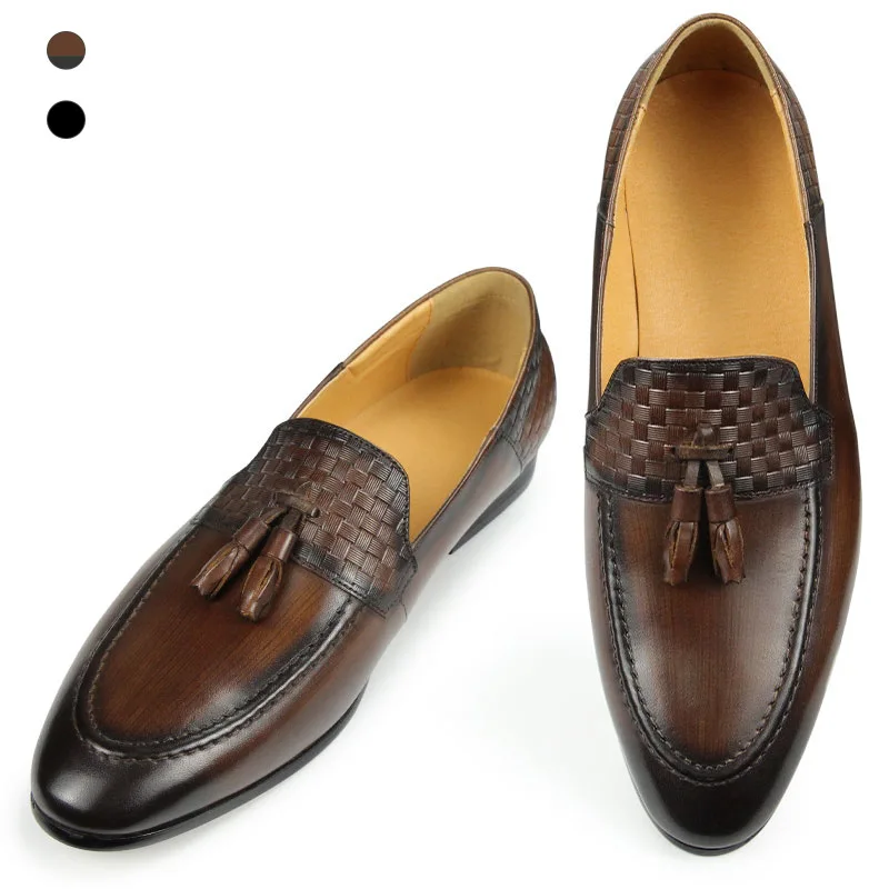 

Men's Genuine Casual Leather Loafer Shoes Elegant pointed toe Pull-on Slip On Tassel Braided Business Driving Business Office