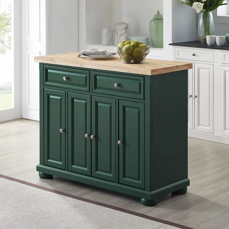 Madison Kitchen Island with Solid Wood Top and Optional Casters, Emerald Green