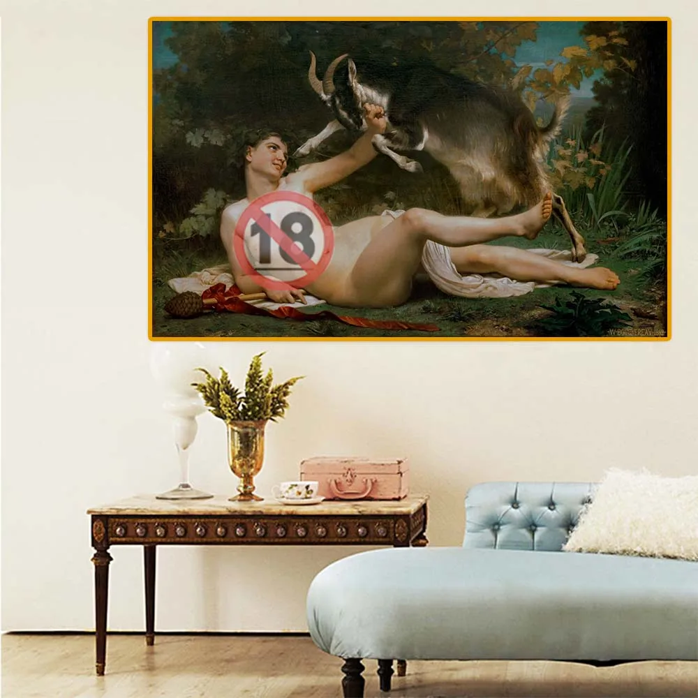 William Adolphe Bouguereau《Naked girl and goat》Canvas Oil painting Art Poster Picture Modern Wall Decor Home Decoration
