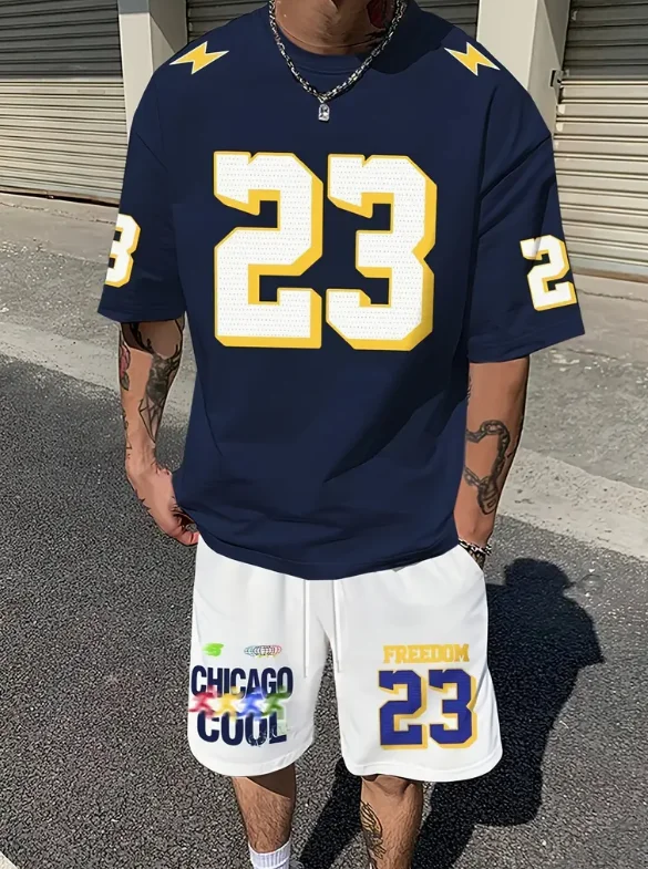 

НОВЫЙ комплект футболок с короткими рукавами и шортами California N0.23, модный спортивный костюм унисекс с градиентом и цветными блоками, комплект из 2 предметов большого размера, спортивная одежда